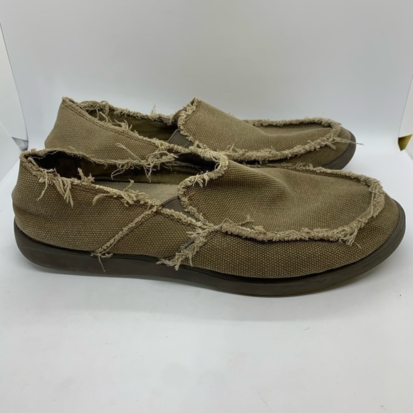 Crocs Mens Santa Cruz Loafers Shoes Beige Khaki Canvas Slip-On Frayed Trim Sz 8 - Picture 1 of 9